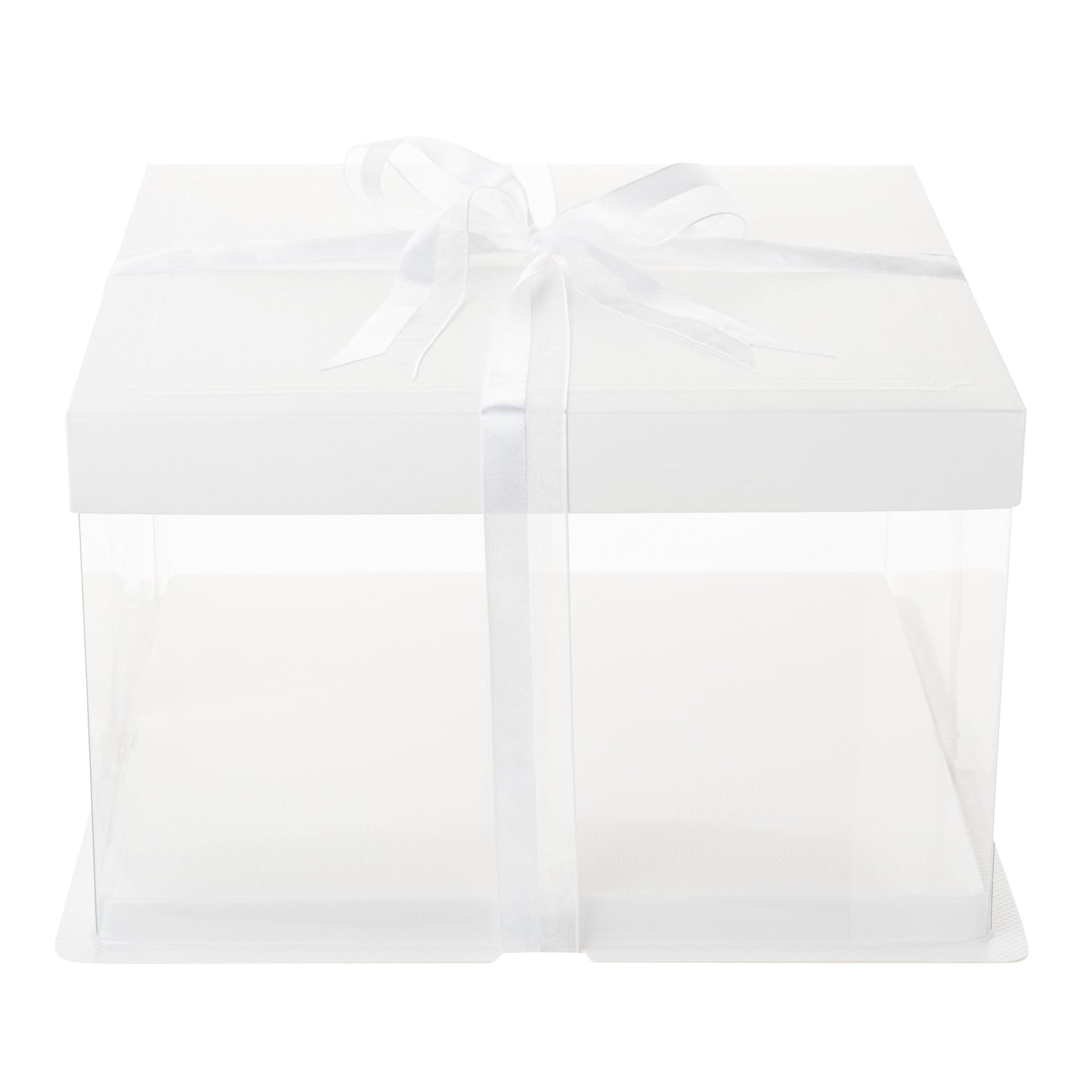 Sweet Vision Square Clear Plastic Cake Box - White Lid and White Base, Gray Ribbon - 10" x 10" x 8 1/4" - 10 count box
