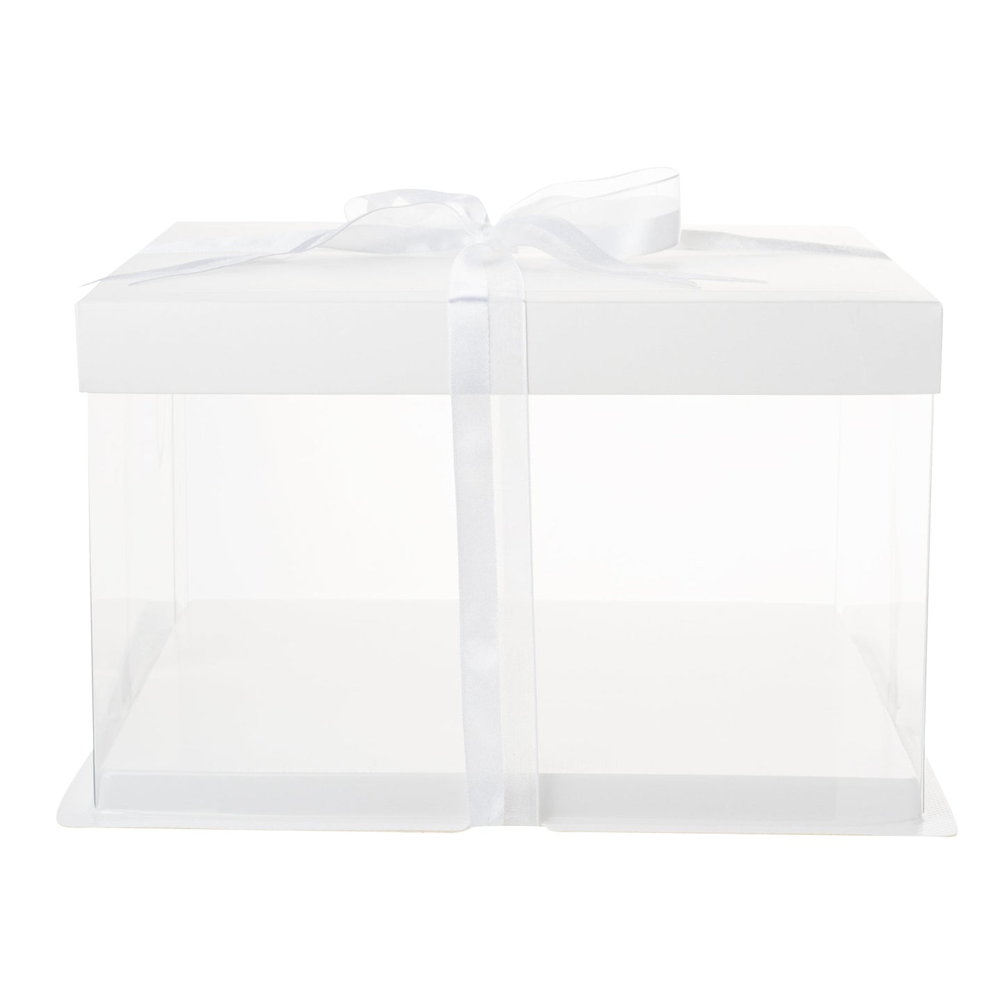 Sweet Vision Square Clear Plastic Cake Box - White Lid and White Base, Gray Ribbon - 10" x 10" x 8 1/4" - 10 count box