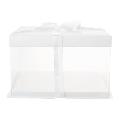 Sweet Vision Square Clear Plastic Cake Box - White Lid and White Base, Gray Ribbon - 10" x 10" x 8 1/4" - 10 count box