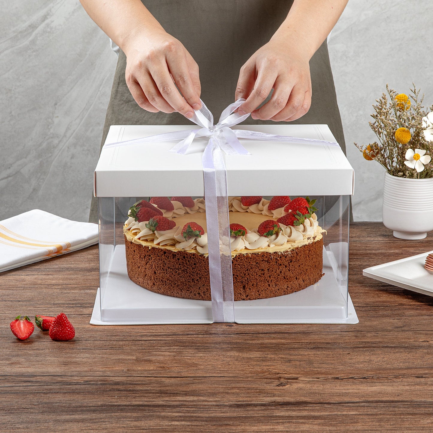 Sweet Vision Square Clear Plastic Cake Box - White Lid and White Base, Gray Ribbon - 10" x 10" x 8 1/4" - 10 count box