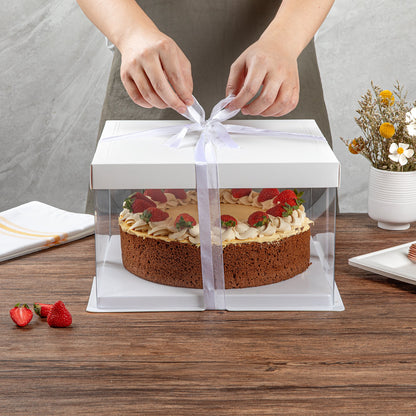 Sweet Vision Square Clear Plastic Cake Box - White Lid and White Base, Gray Ribbon - 10" x 10" x 8 1/4" - 10 count box