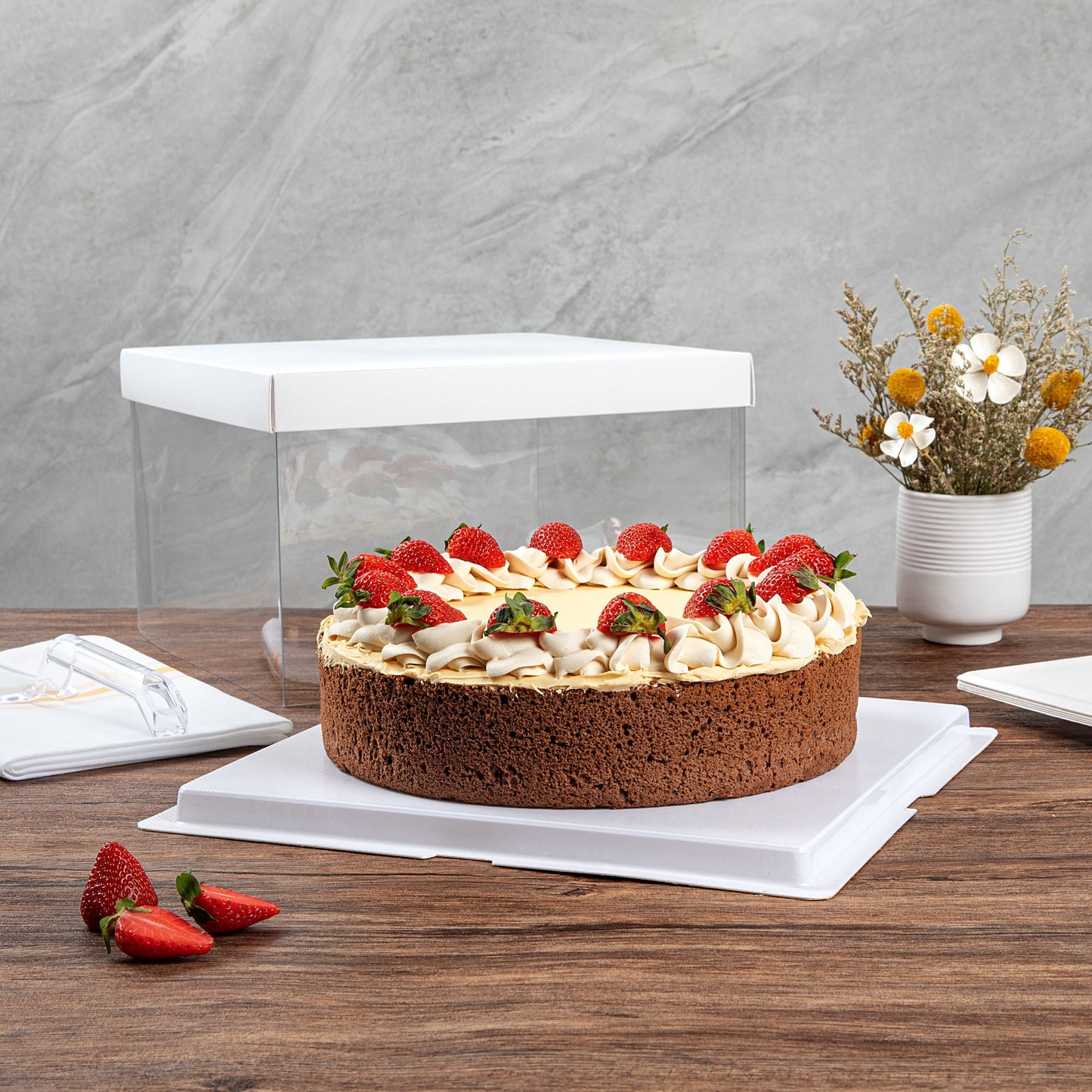 Sweet Vision Square Clear Plastic Cake Box - White Lid and White Base, Gray Ribbon - 10" x 10" x 8 1/4" - 10 count box