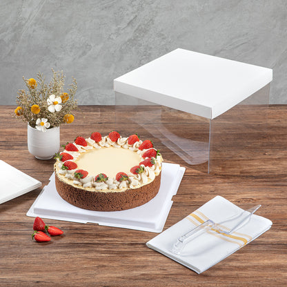 Sweet Vision Square Clear Plastic Cake Box - White Lid and White Base, Gray Ribbon - 10" x 10" x 8 1/4" - 10 count box