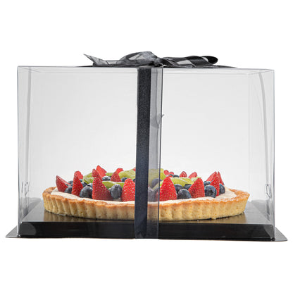 Sweet Vision Square Clear Plastic Cake Box - Black Base, Black Ribbon - 10" x 10" x 6 3/4" - 10 count box