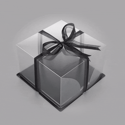 Sweet Vision Square Clear Plastic Cake Box - Black Base, Black Ribbon - 10" x 10" x 6 3/4" - 10 count box