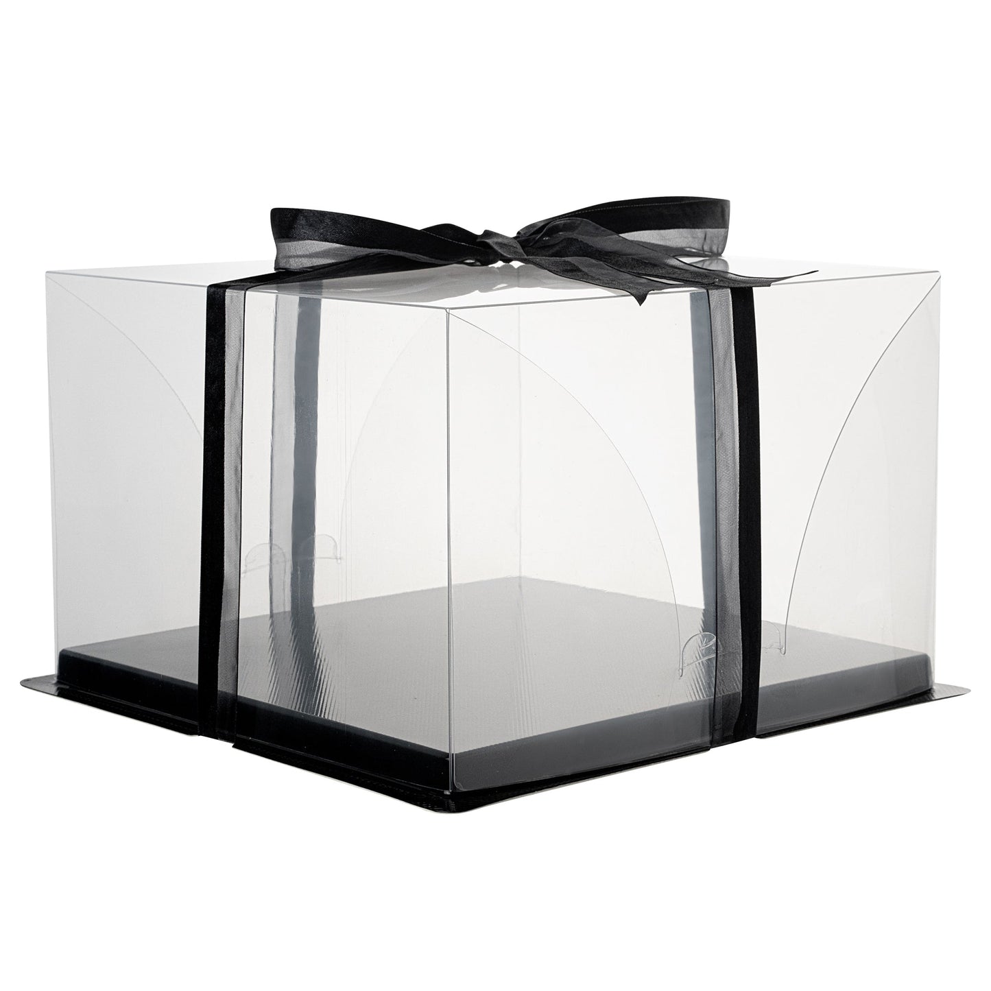 Sweet Vision Square Clear Plastic Cake Box - Black Base, Black Ribbon - 10" x 10" x 6 3/4" - 10 count box