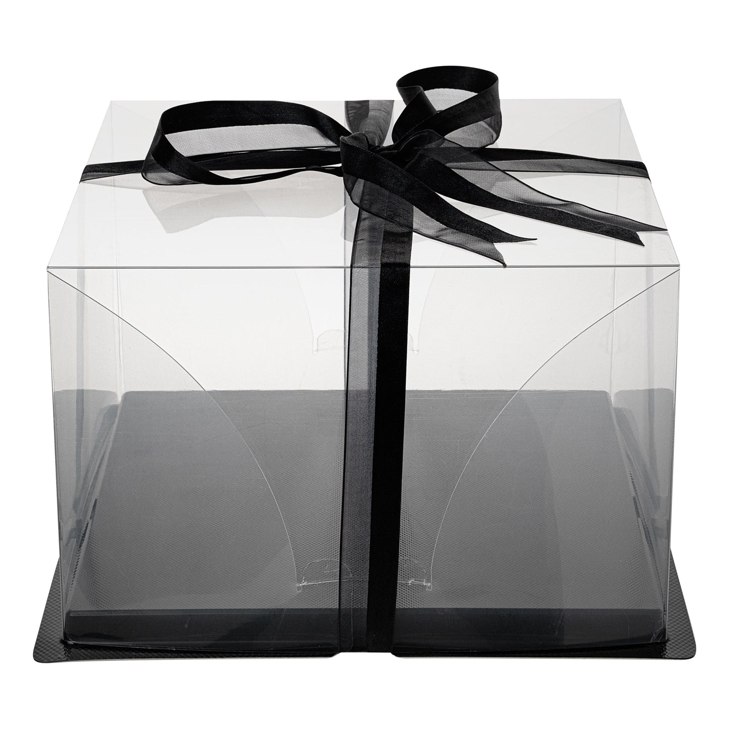 Sweet Vision Square Clear Plastic Cake Box - Black Base, Black Ribbon - 10" x 10" x 6 3/4" - 10 count box