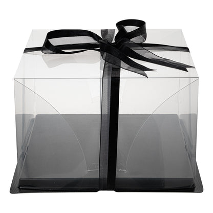Sweet Vision Square Clear Plastic Cake Box - Black Base, Black Ribbon - 10" x 10" x 6 3/4" - 10 count box