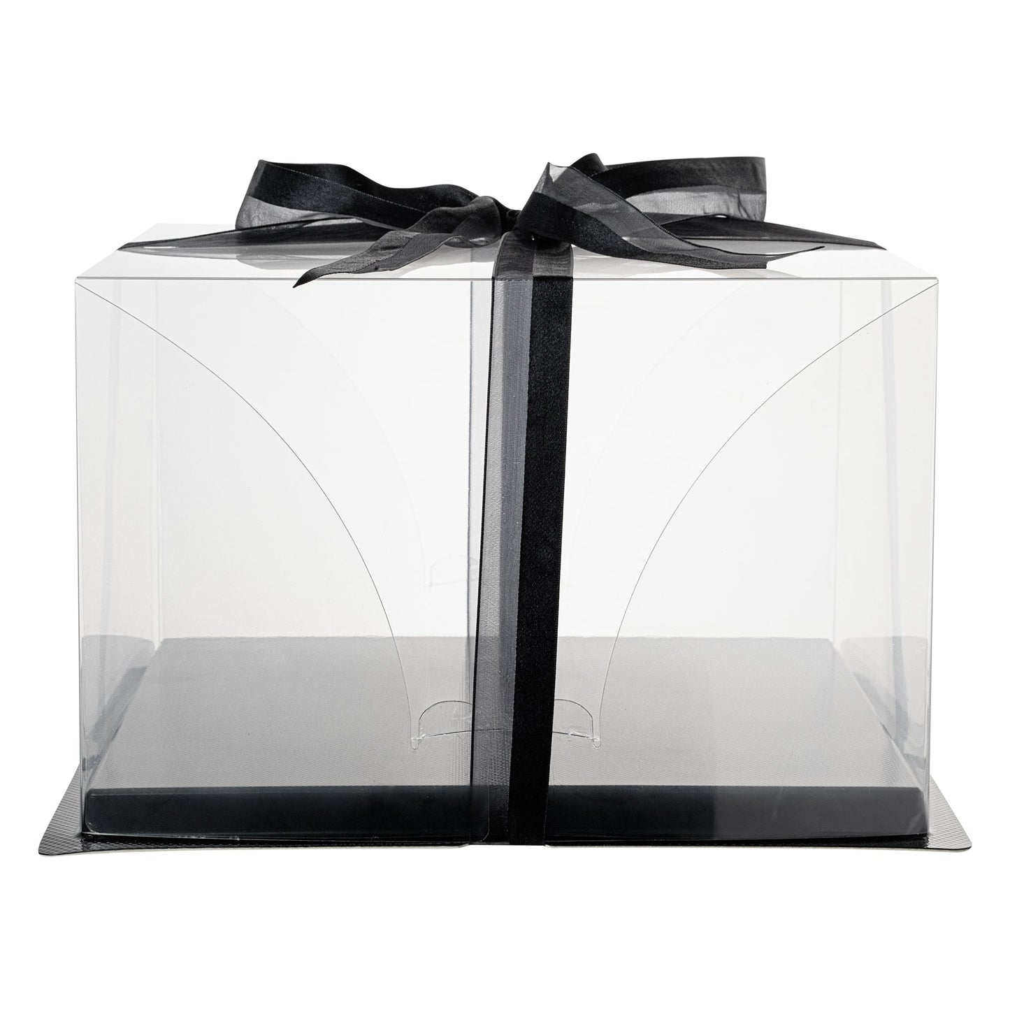 Sweet Vision Square Clear Plastic Cake Box - Black Base, Black Ribbon - 10" x 10" x 6 3/4" - 10 count box