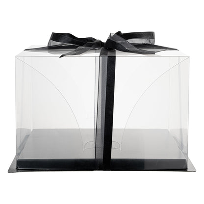 Sweet Vision Square Clear Plastic Cake Box - Black Base, Black Ribbon - 10" x 10" x 6 3/4" - 10 count box