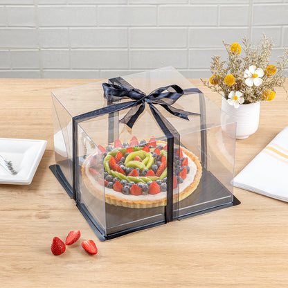 Sweet Vision Square Clear Plastic Cake Box - Black Base, Black Ribbon - 10" x 10" x 6 3/4" - 10 count box