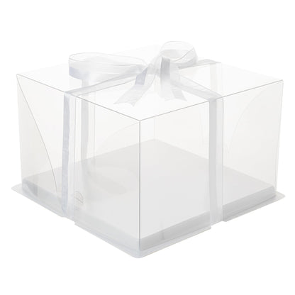 Sweet Vision Square Clear Plastic Cake Box - White Base, Gray Ribbon - 10" x 10" x 6 3/4" - 10 count box