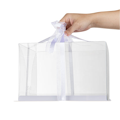 Sweet Vision Square Clear Plastic Cake Box - White Base, Gray Ribbon - 10" x 10" x 6 3/4" - 10 count box
