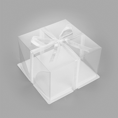 Sweet Vision Square Clear Plastic Cake Box - White Base, Gray Ribbon - 10" x 10" x 6 3/4" - 10 count box