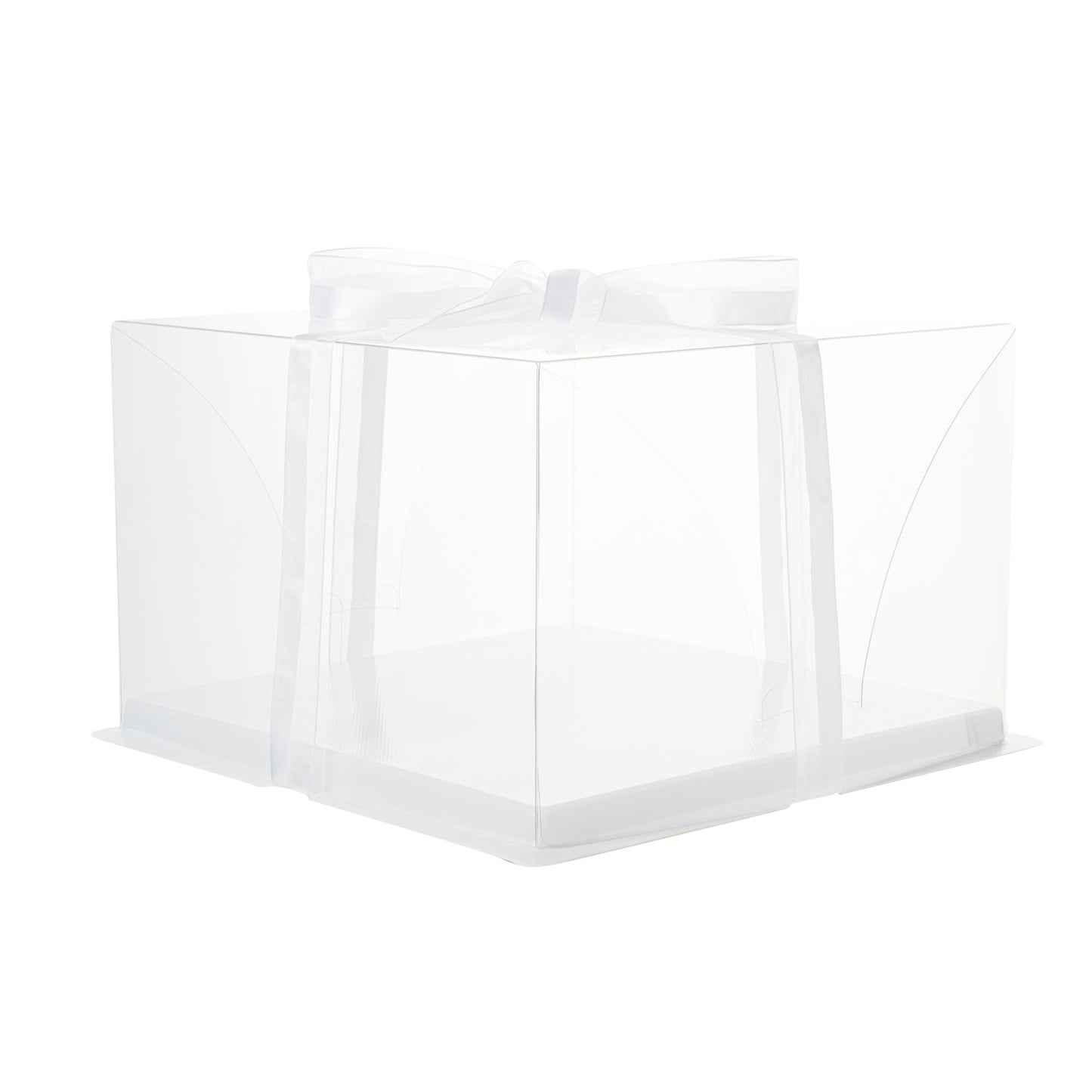 Sweet Vision Square Clear Plastic Cake Box - White Base, Gray Ribbon - 10" x 10" x 6 3/4" - 10 count box