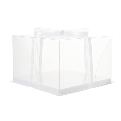 Sweet Vision Square Clear Plastic Cake Box - White Base, Gray Ribbon - 10" x 10" x 6 3/4" - 10 count box