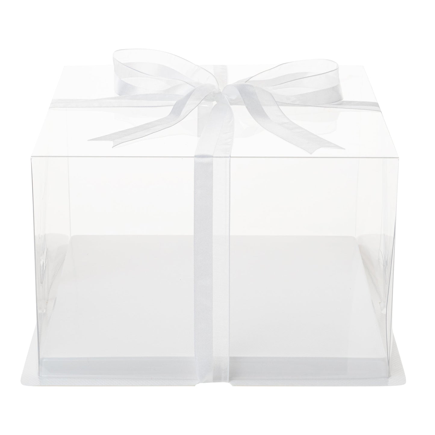 Sweet Vision Square Clear Plastic Cake Box - White Base, Gray Ribbon - 10" x 10" x 6 3/4" - 10 count box