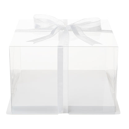 Sweet Vision Square Clear Plastic Cake Box - White Base, Gray Ribbon - 10" x 10" x 6 3/4" - 10 count box