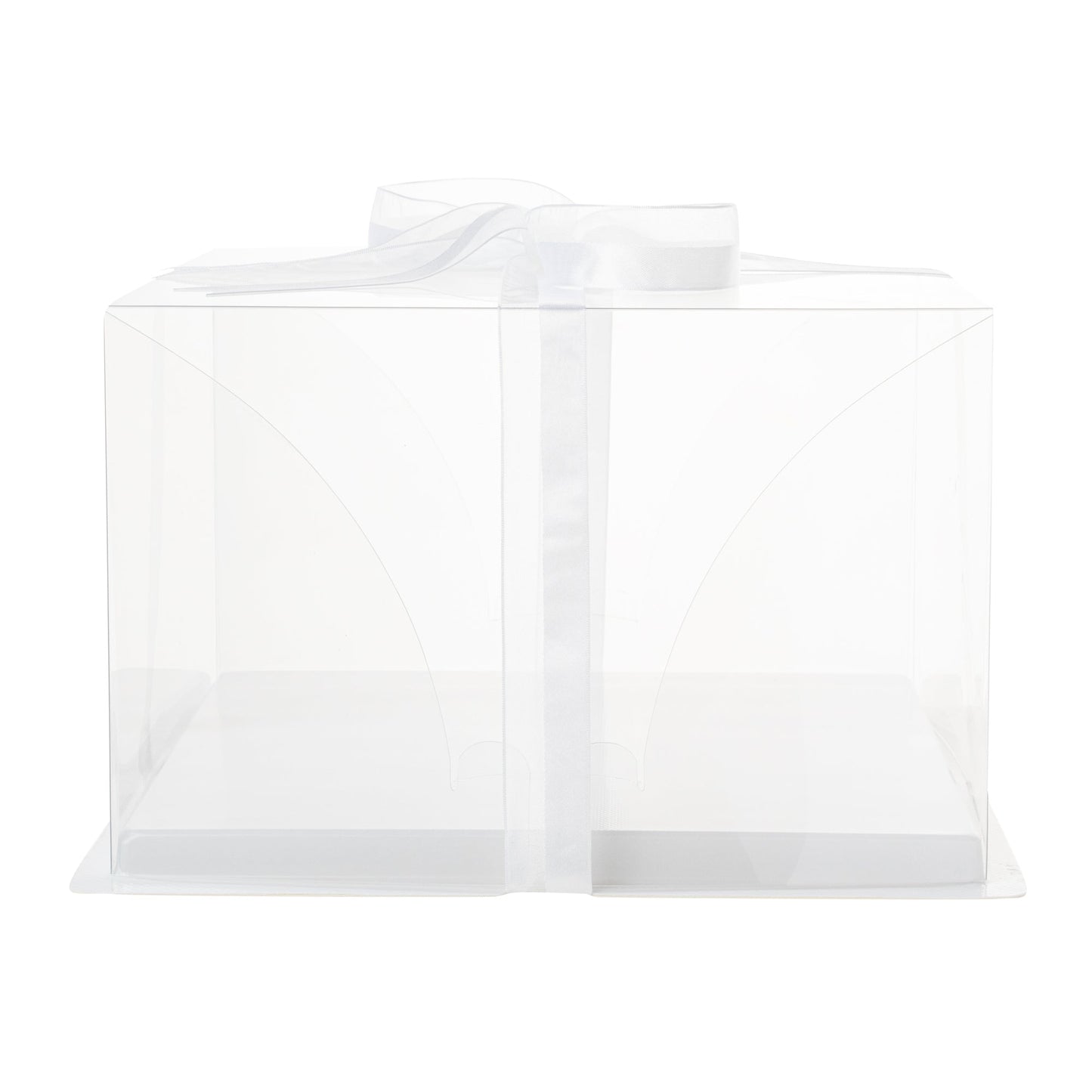 Sweet Vision Square Clear Plastic Cake Box - White Base, Gray Ribbon - 10" x 10" x 6 3/4" - 10 count box