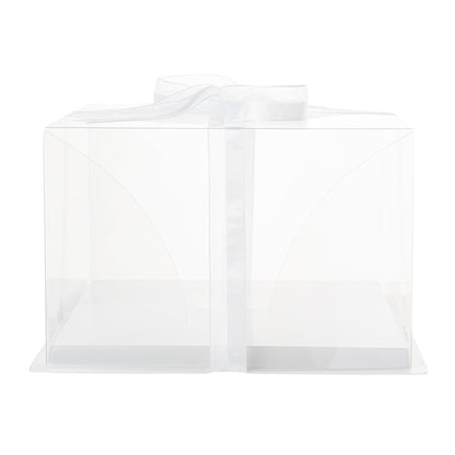 Sweet Vision Square Clear Plastic Cake Box - White Base, Gray Ribbon - 10" x 10" x 6 3/4" - 10 count box