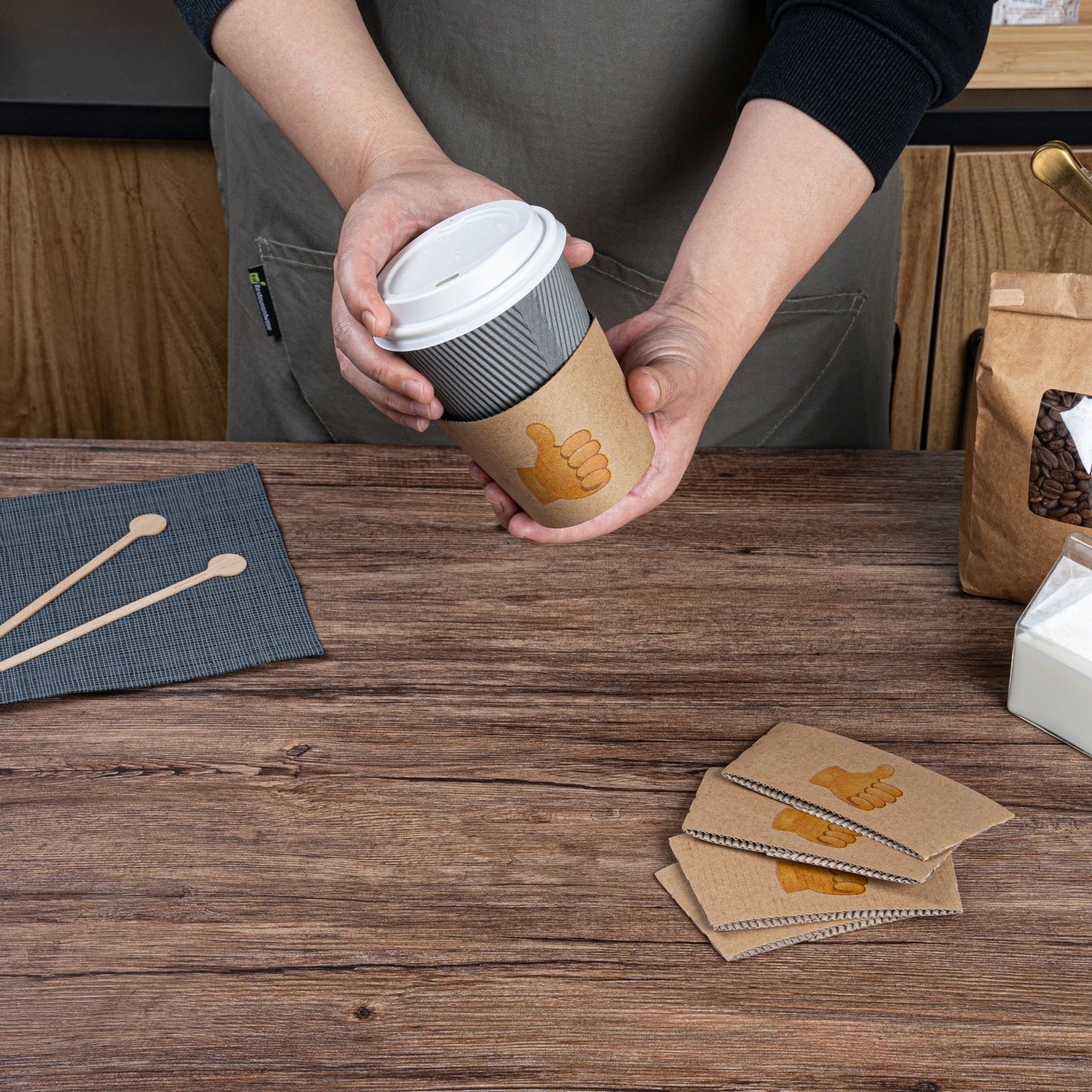 Restpresso Kraft Paper Thumbs Up Emoji Coffee Cup Sleeve - Fits 12 / 16 / 20 oz Cups - 1000 count box