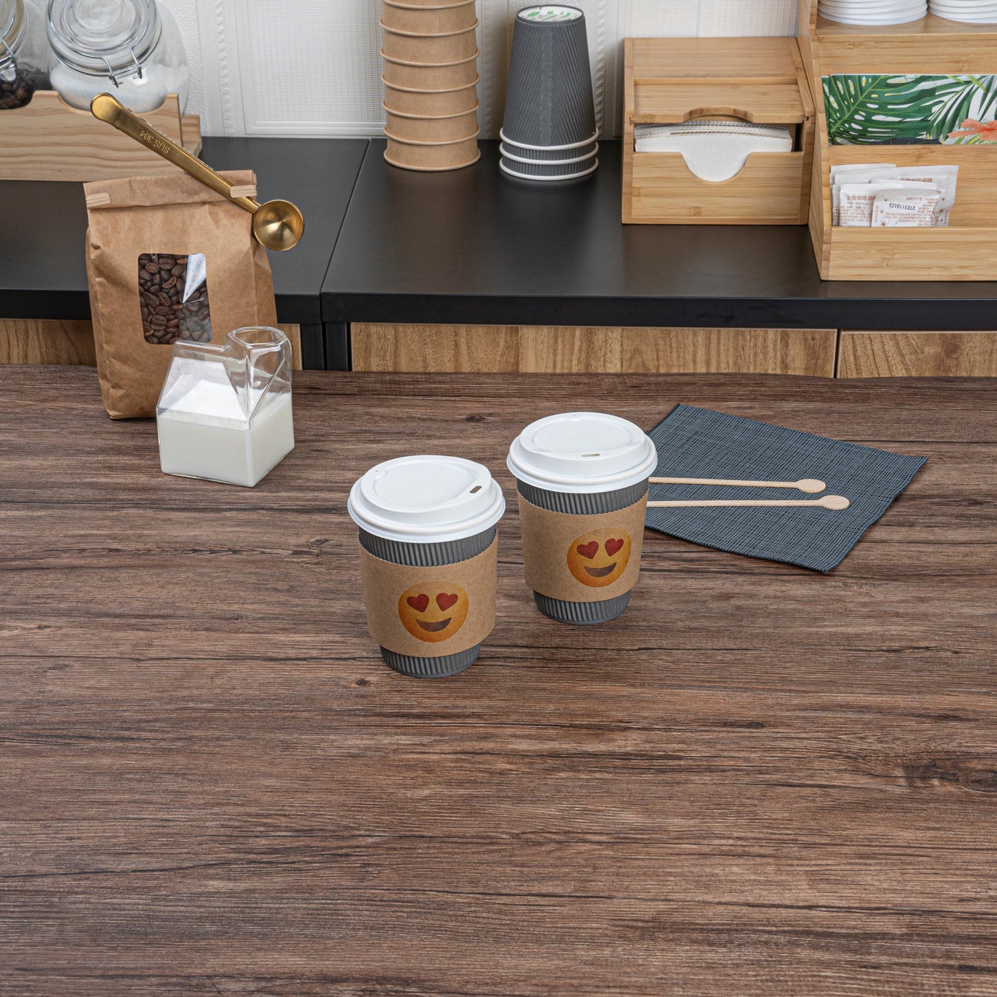 Restpresso Kraft Paper Heart Eyes Emoji Coffee Cup Sleeve - Fits 12 / 16 / 20 oz Cups - 1000 count box