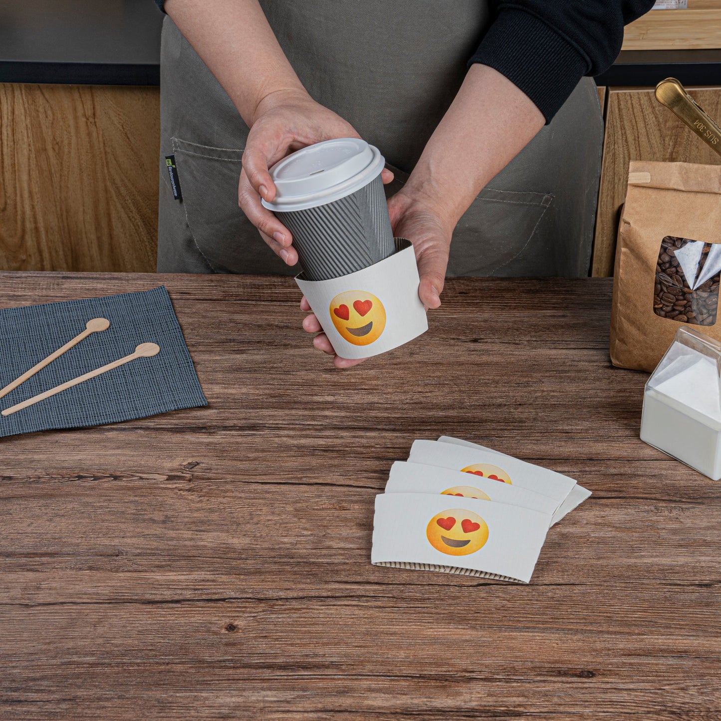 Restpresso White Paper Heart Eyes Emoji Coffee Cup Sleeve - Fits 12 / 16 / 20 oz Cups - 1000 count box