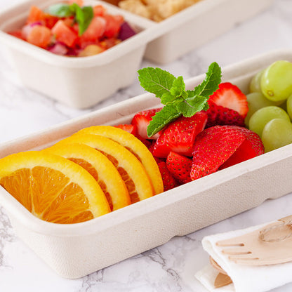 Pulp Tek 17 oz Rectangle Natural Sugarcane / Bagasse Catering Container - 9 1/4" x 3 3/4" x 1 3/4" - 100 count box