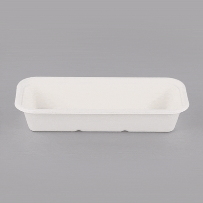 Pulp Tek 17 oz Rectangle White Sugarcane / Bagasse Catering Container - 9 1/4" x 3 3/4" x 1 3/4" - 100 count box