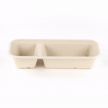 Pulp Tek 17 oz Rectangle Natural Sugarcane / Bagasse Catering Container - 2-Compartment - 9 1/4" x 3 3/4" x 1 3/4" - 100 count box