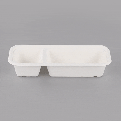 Pulp Tek 17 oz Rectangle White Sugarcane / Bagasse Catering Container - 2-Compartment - 9 1/4" x 3 3/4" x 1 3/4" - 100 count box