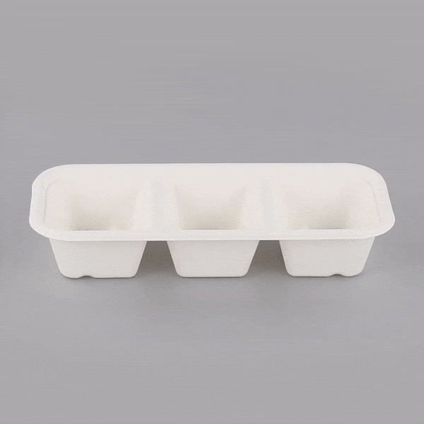 Pulp Tek 17 oz Rectangle White Sugarcane / Bagasse Catering Container - 3-Compartment - 9 1/4" x 3 3/4" x 1 3/4" - 100 count box