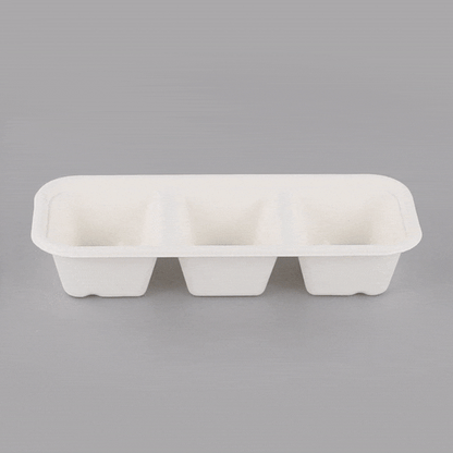 Pulp Tek 17 oz Rectangle White Sugarcane / Bagasse Catering Container - 3-Compartment - 9 1/4" x 3 3/4" x 1 3/4" - 100 count box