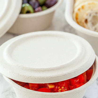 Pulp Tek Round Natural Sugarcane / Bagasse Flat Lid - Fits 9 oz Take Out Bowl - 100 count box