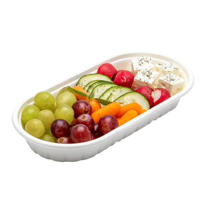 Pulp Tek 17 oz Oval White Sugarcane / Bagasse Take Out Container - 9 1/2" x 4 3/4" x 1 1/4" - 100 count box
