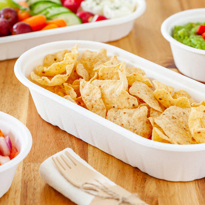 Pulp Tek 27 oz Oval White Sugarcane / Bagasse Take Out Container - 9 1/2" x 4 3/4" x 2" - 100 count box