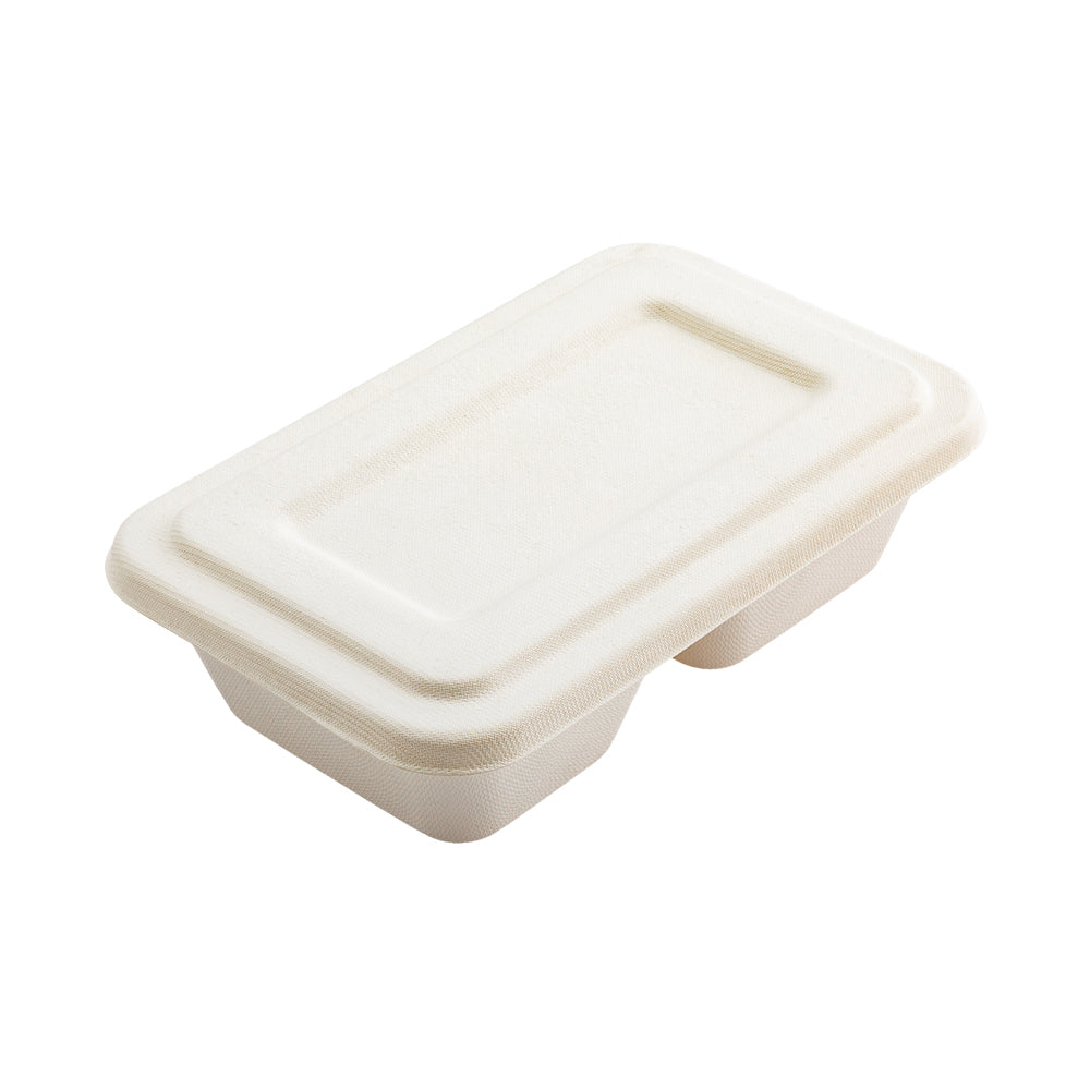 Pulp Tek Rectangle White Sugarcane / Bagasse Lid - Fits 2-Compartment Take Out Container - 9 1/4" x 5 3/4" x 1/2" - 100 count box