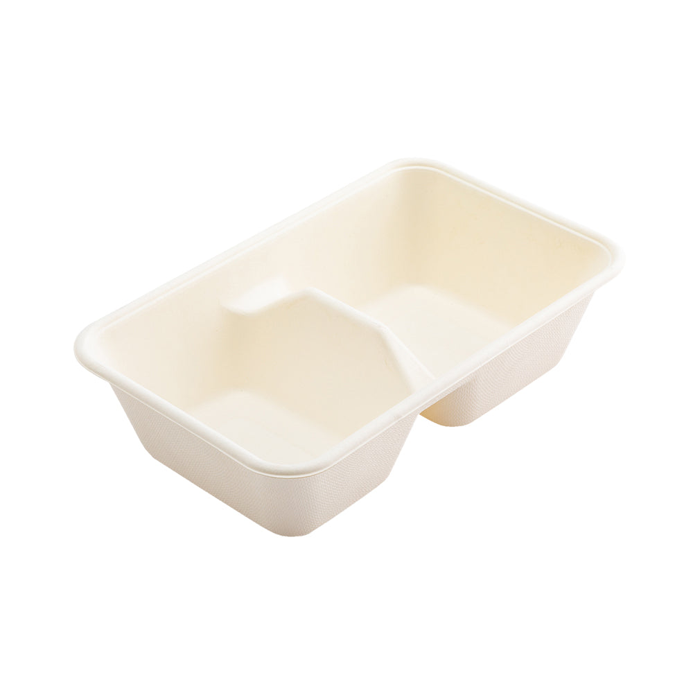 Pulp Tek 34 oz Rectangle White Sugarcane / Bagasse Take Out Container - 2-Compartment - 9" x 5 3/4" x 2 1/2" - 100 count box