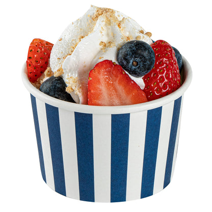 Coppetta 4 oz Round Blue and White Stripe Paper To Go Cup - 3" x 3" x 2 1/2" - 50 count box