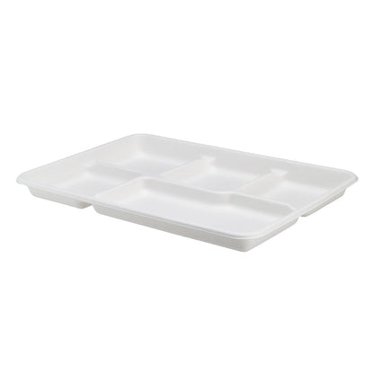 Pulp Tek Rectangle White Sugarcane / Bagasse Large Food Tray - 5 Compartments - 12 1/2" x 8 1/2" x 1" - 100 count box