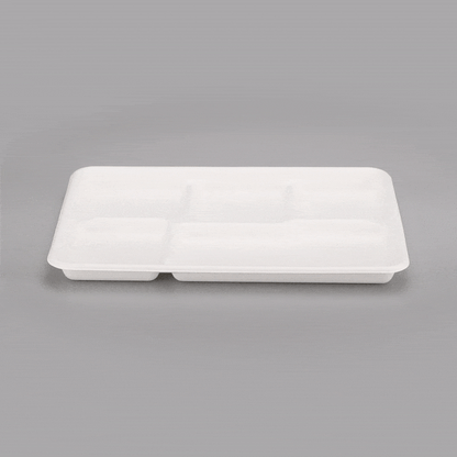 Pulp Tek Rectangle White Sugarcane / Bagasse Large Food Tray - 5 Compartments - 12 1/2" x 8 1/2" x 1" - 100 count box