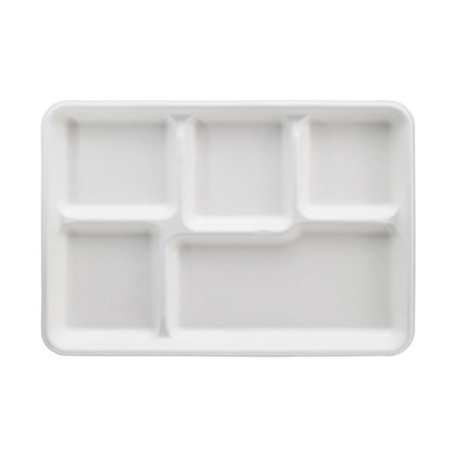 Pulp Tek Rectangle White Sugarcane / Bagasse Large Food Tray - 5 Compartments - 12 1/2" x 8 1/2" x 1" - 100 count box