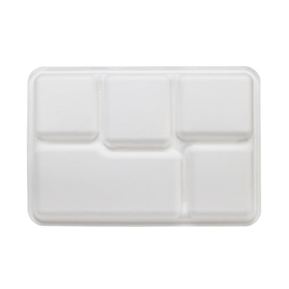Pulp Tek Rectangle White Sugarcane / Bagasse Large Food Tray - 5 Compartments - 12 1/2" x 8 1/2" x 1" - 100 count box
