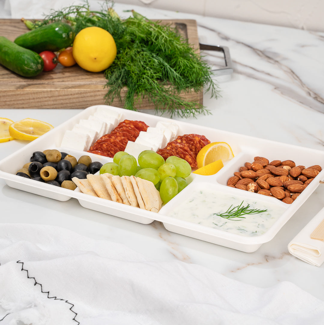 Pulp Tek Rectangle White Sugarcane / Bagasse Large Food Tray - 5 Compartments - 12 1/2" x 8 1/2" x 1" - 100 count box