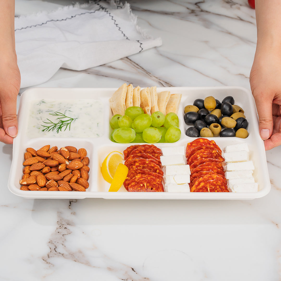 Pulp Tek Rectangle White Sugarcane / Bagasse Large Food Tray - 5 Compartments - 12 1/2" x 8 1/2" x 1" - 100 count box