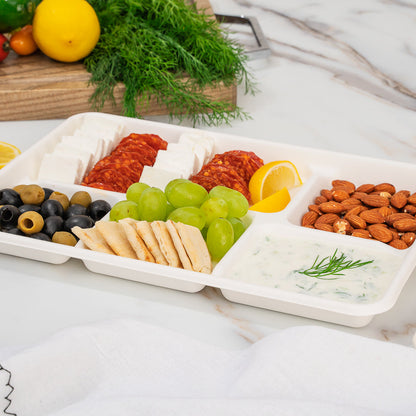 Pulp Tek Rectangle White Sugarcane / Bagasse Large Food Tray - 5 Compartments - 12 1/2" x 8 1/2" x 1" - 100 count box