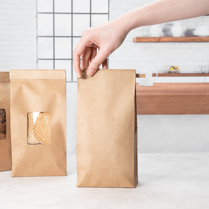 Bag Tek Kraft Paper Bakery / Coffee Tin Tie Bag - with Window - 4 3/4" x 2 1/2" x 9 3/4" - 100 count box