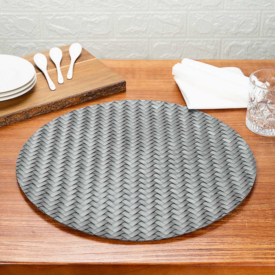 Amalfi Basketweave Woven Round Metallic Gray Pearl Placemat - 15" x 15" - 6 count box