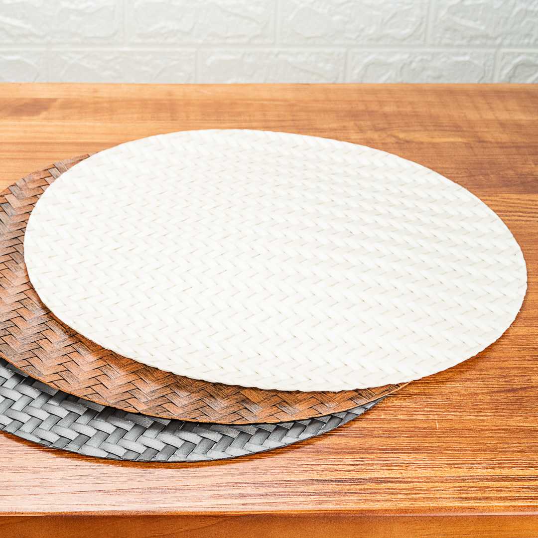 Amalfi Basketweave Woven Round White Pearl Placemat - 15" x 15" - 6 count box