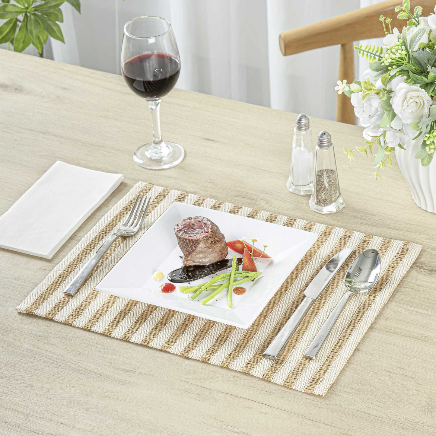 Carmel Mesh Light Brown Striped Placemat - 16" x 12" - 6 count box